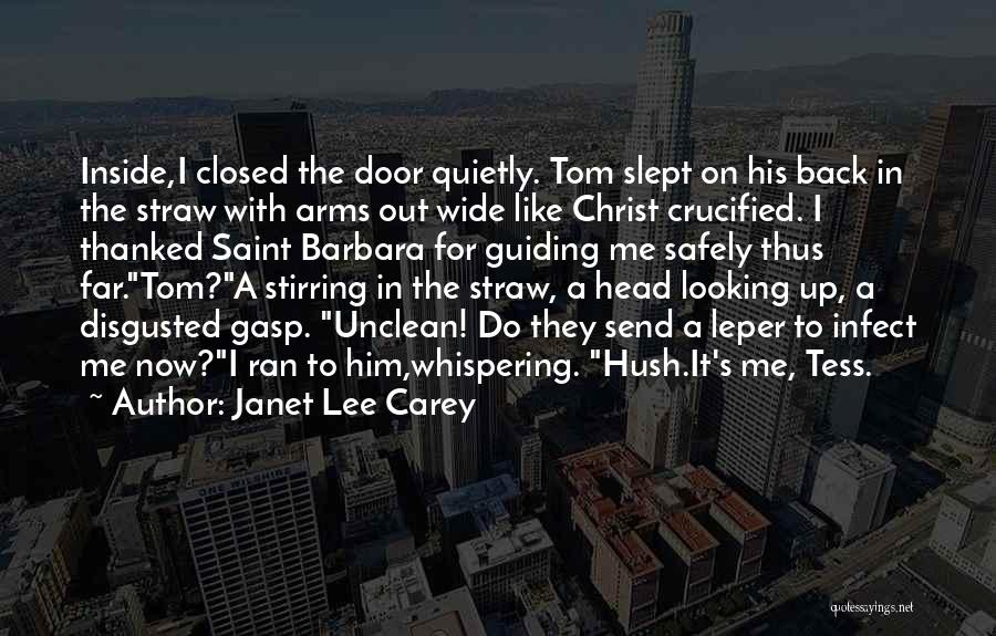 Janet Lee Carey Quotes: Inside,i Closed The Door Quietly. Tom Slept On His Back In The Straw With Arms Out Wide Like Christ Crucified.