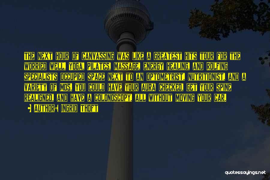Ingrid Thoft Quotes: The Next Hour Of Canvassing Was Like A Greatest Hits Tour For The Worried Well. Yoga, Pilates, Massage, Energy Healing,