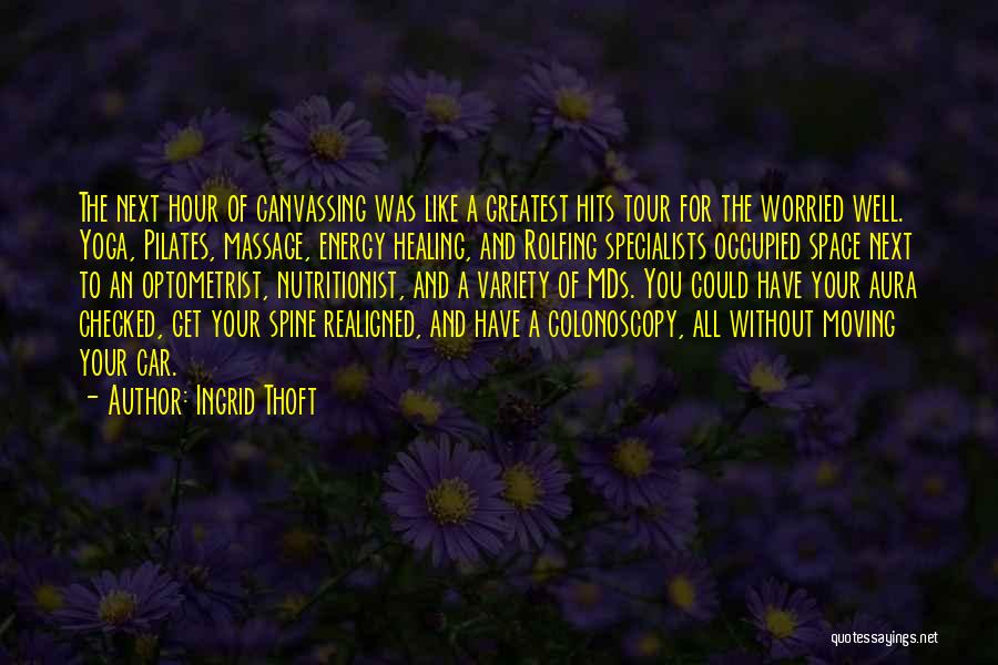 Ingrid Thoft Quotes: The Next Hour Of Canvassing Was Like A Greatest Hits Tour For The Worried Well. Yoga, Pilates, Massage, Energy Healing,