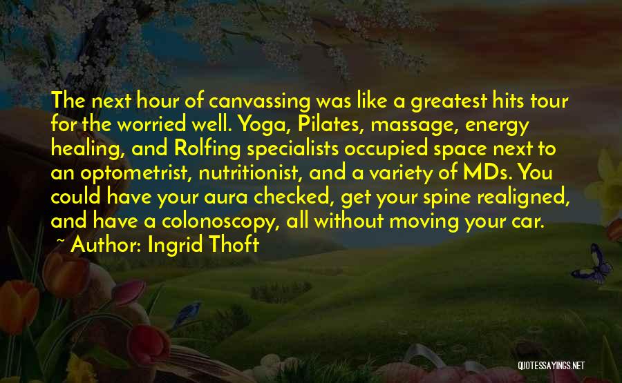 Ingrid Thoft Quotes: The Next Hour Of Canvassing Was Like A Greatest Hits Tour For The Worried Well. Yoga, Pilates, Massage, Energy Healing,
