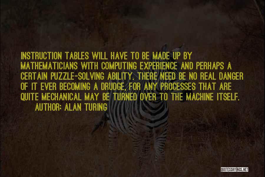 Alan Turing Quotes: Instruction Tables Will Have To Be Made Up By Mathematicians With Computing Experience And Perhaps A Certain Puzzle-solving Ability. There