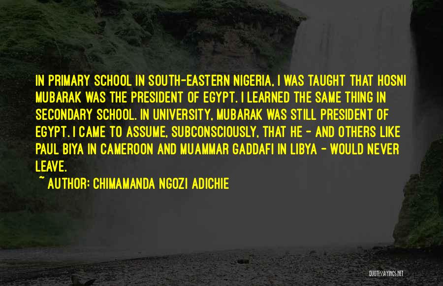 Chimamanda Ngozi Adichie Quotes: In Primary School In South-eastern Nigeria, I Was Taught That Hosni Mubarak Was The President Of Egypt. I Learned The