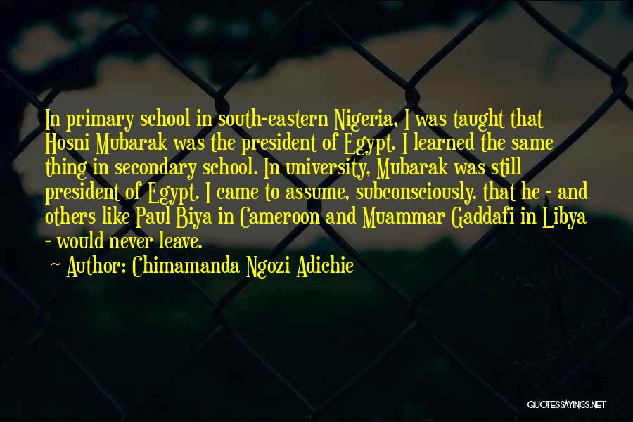 Chimamanda Ngozi Adichie Quotes: In Primary School In South-eastern Nigeria, I Was Taught That Hosni Mubarak Was The President Of Egypt. I Learned The