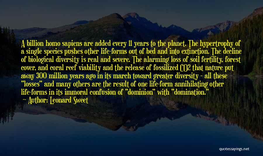 Leonard Sweet Quotes: A Billion Homo Sapiens Are Added Every 11 Years To The Planet. The Hypertrophy Of A Single Species Pushes Other