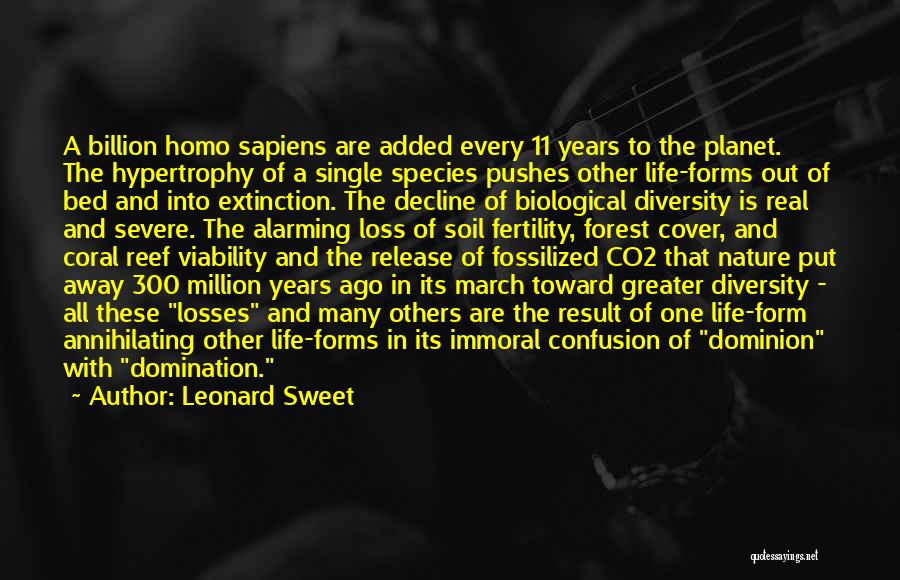 Leonard Sweet Quotes: A Billion Homo Sapiens Are Added Every 11 Years To The Planet. The Hypertrophy Of A Single Species Pushes Other