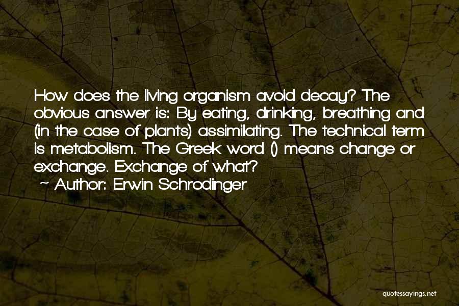 Erwin Schrodinger Quotes: How Does The Living Organism Avoid Decay? The Obvious Answer Is: By Eating, Drinking, Breathing And (in The Case Of
