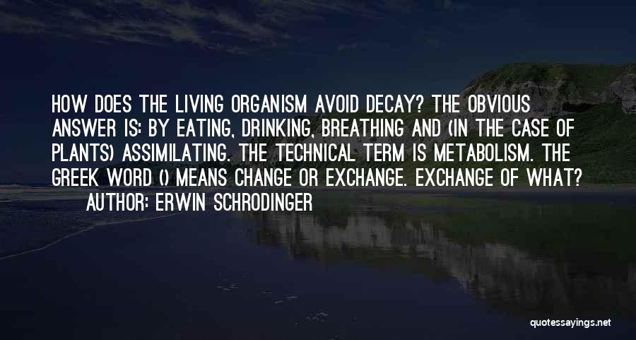 Erwin Schrodinger Quotes: How Does The Living Organism Avoid Decay? The Obvious Answer Is: By Eating, Drinking, Breathing And (in The Case Of