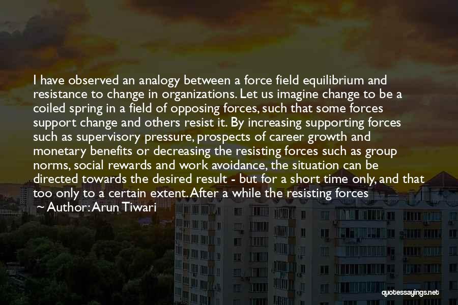 Arun Tiwari Quotes: I Have Observed An Analogy Between A Force Field Equilibrium And Resistance To Change In Organizations. Let Us Imagine Change