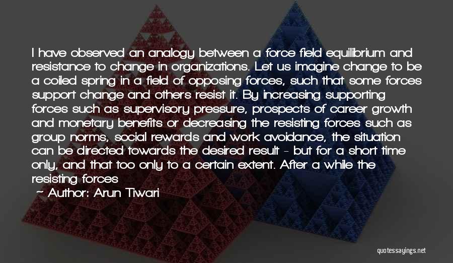 Arun Tiwari Quotes: I Have Observed An Analogy Between A Force Field Equilibrium And Resistance To Change In Organizations. Let Us Imagine Change