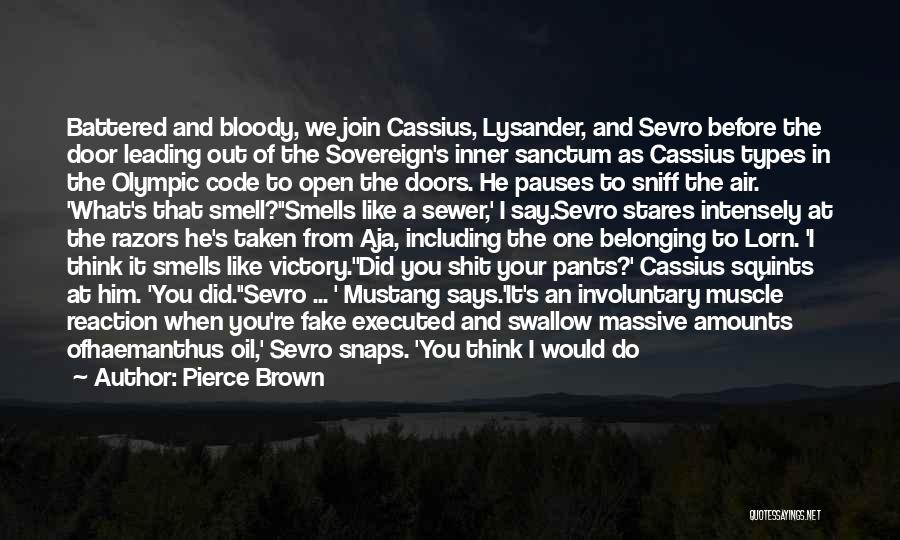 Pierce Brown Quotes: Battered And Bloody, We Join Cassius, Lysander, And Sevro Before The Door Leading Out Of The Sovereign's Inner Sanctum As