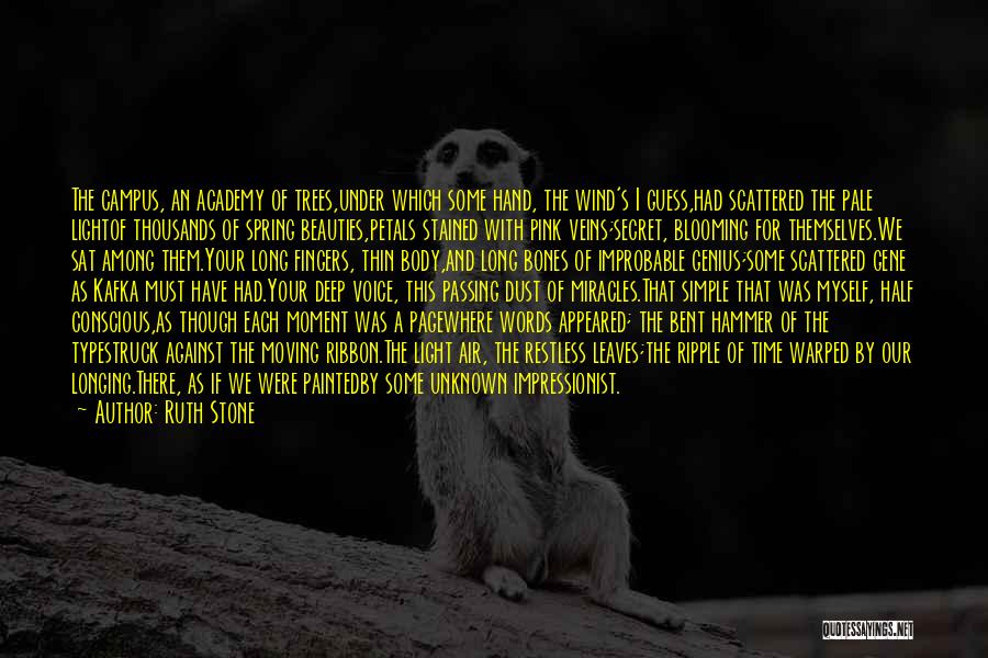 Ruth Stone Quotes: The Campus, An Academy Of Trees,under Which Some Hand, The Wind's I Guess,had Scattered The Pale Lightof Thousands Of Spring