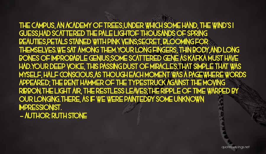 Ruth Stone Quotes: The Campus, An Academy Of Trees,under Which Some Hand, The Wind's I Guess,had Scattered The Pale Lightof Thousands Of Spring