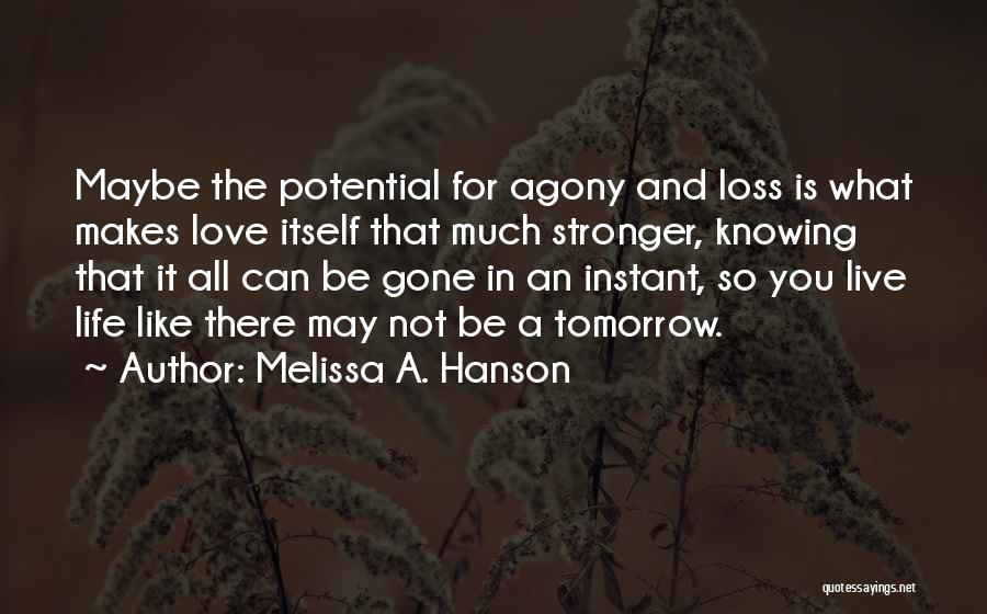 Melissa A. Hanson Quotes: Maybe The Potential For Agony And Loss Is What Makes Love Itself That Much Stronger, Knowing That It All Can