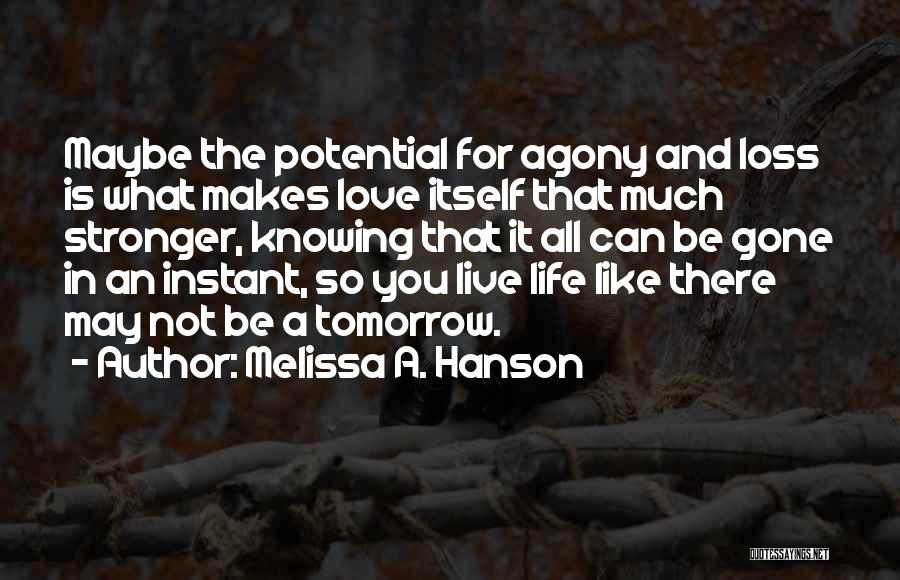 Melissa A. Hanson Quotes: Maybe The Potential For Agony And Loss Is What Makes Love Itself That Much Stronger, Knowing That It All Can