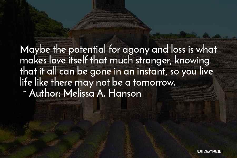 Melissa A. Hanson Quotes: Maybe The Potential For Agony And Loss Is What Makes Love Itself That Much Stronger, Knowing That It All Can