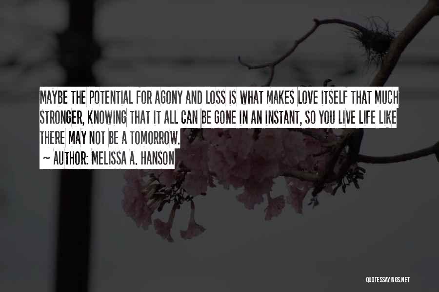 Melissa A. Hanson Quotes: Maybe The Potential For Agony And Loss Is What Makes Love Itself That Much Stronger, Knowing That It All Can