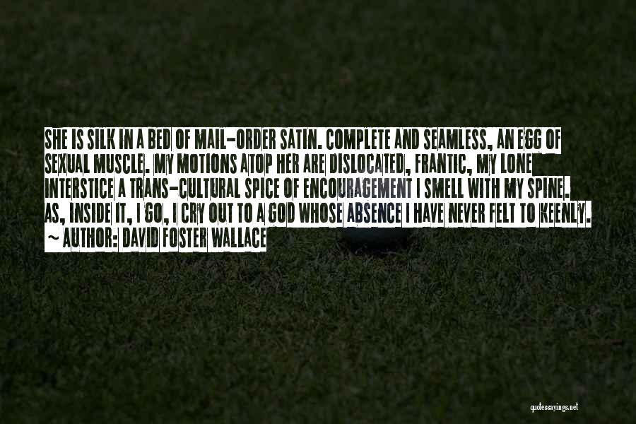 David Foster Wallace Quotes: She Is Silk In A Bed Of Mail-order Satin. Complete And Seamless, An Egg Of Sexual Muscle. My Motions Atop