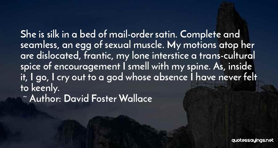 David Foster Wallace Quotes: She Is Silk In A Bed Of Mail-order Satin. Complete And Seamless, An Egg Of Sexual Muscle. My Motions Atop