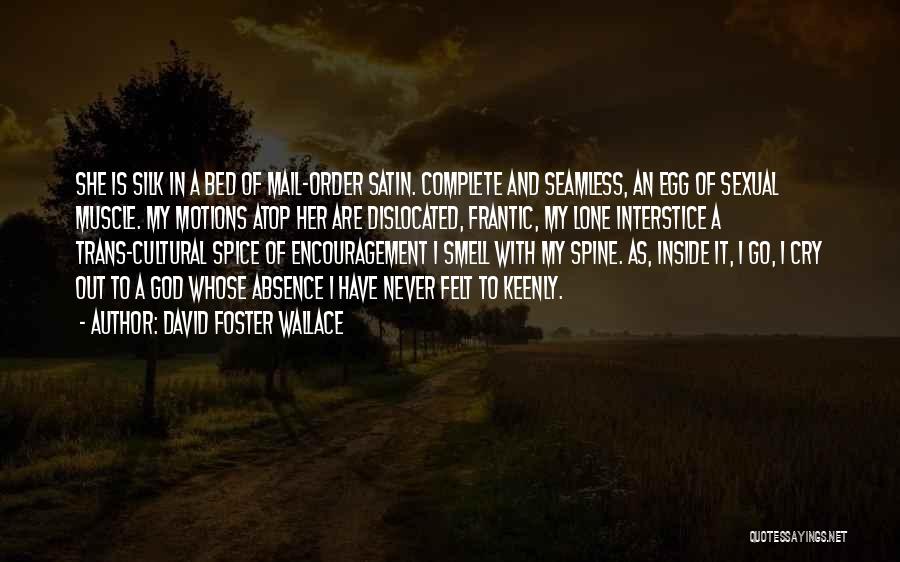 David Foster Wallace Quotes: She Is Silk In A Bed Of Mail-order Satin. Complete And Seamless, An Egg Of Sexual Muscle. My Motions Atop