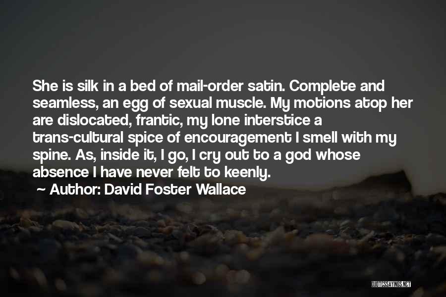 David Foster Wallace Quotes: She Is Silk In A Bed Of Mail-order Satin. Complete And Seamless, An Egg Of Sexual Muscle. My Motions Atop