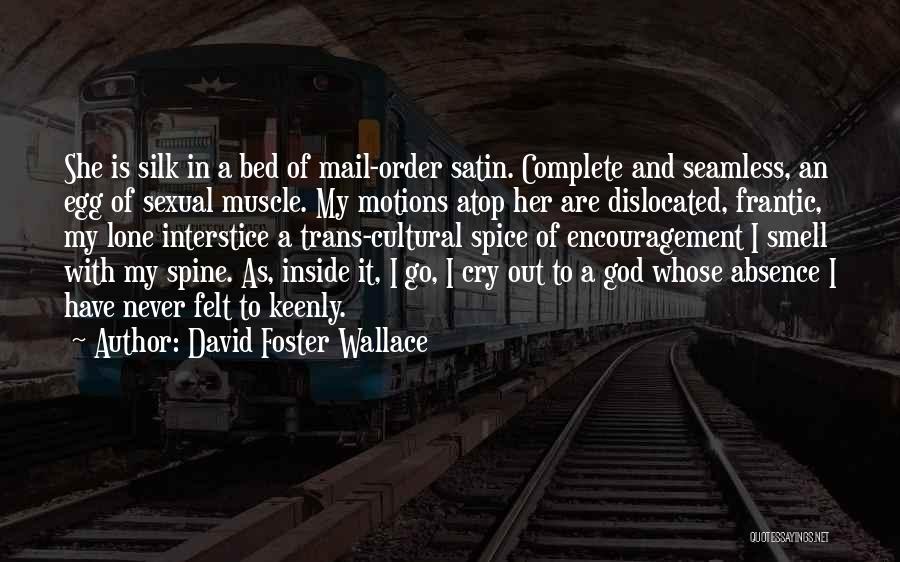 David Foster Wallace Quotes: She Is Silk In A Bed Of Mail-order Satin. Complete And Seamless, An Egg Of Sexual Muscle. My Motions Atop
