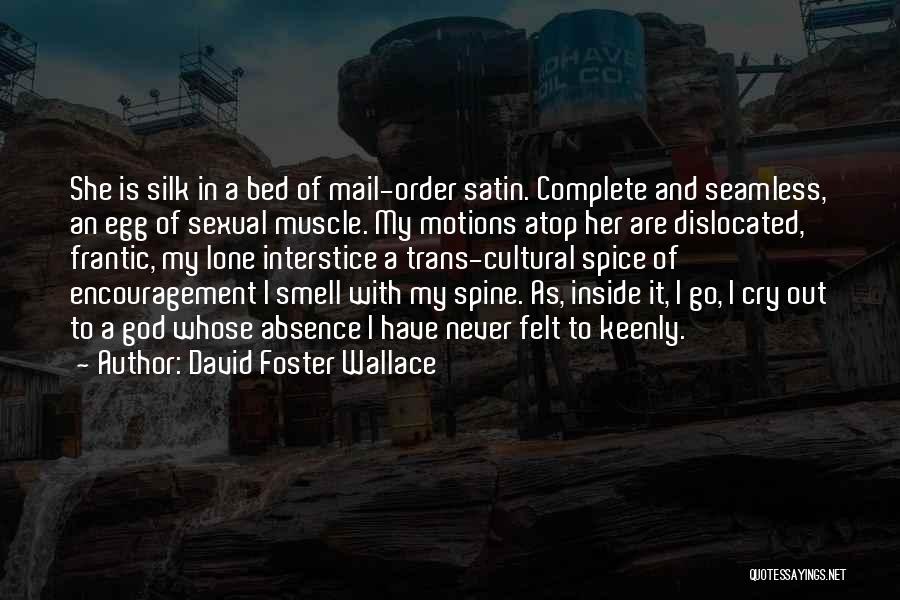 David Foster Wallace Quotes: She Is Silk In A Bed Of Mail-order Satin. Complete And Seamless, An Egg Of Sexual Muscle. My Motions Atop