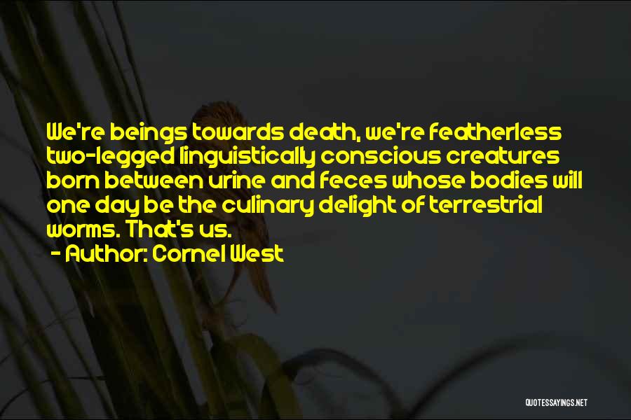 Cornel West Quotes: We're Beings Towards Death, We're Featherless Two-legged Linguistically Conscious Creatures Born Between Urine And Feces Whose Bodies Will One Day