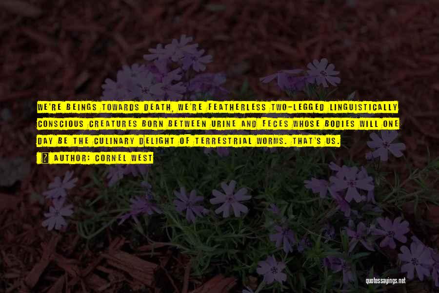 Cornel West Quotes: We're Beings Towards Death, We're Featherless Two-legged Linguistically Conscious Creatures Born Between Urine And Feces Whose Bodies Will One Day