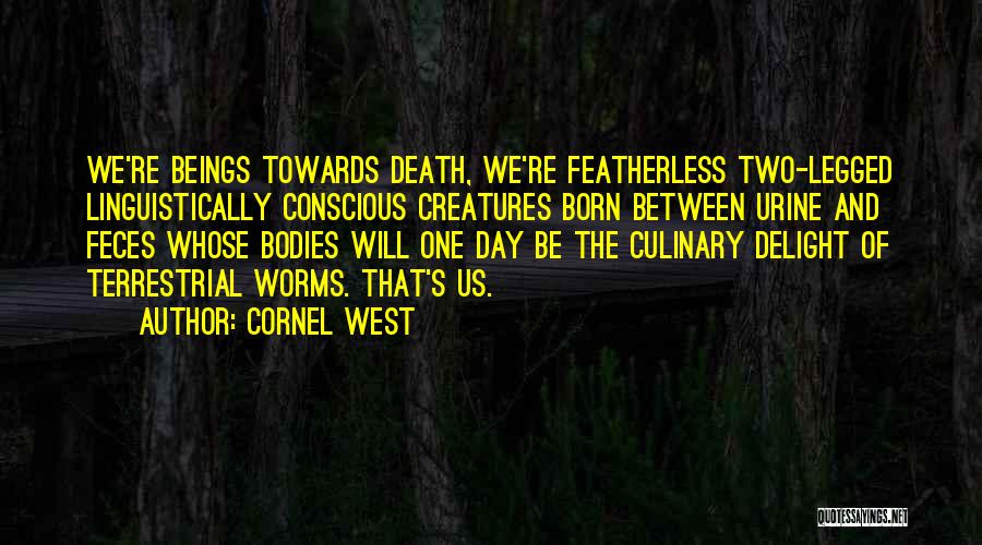 Cornel West Quotes: We're Beings Towards Death, We're Featherless Two-legged Linguistically Conscious Creatures Born Between Urine And Feces Whose Bodies Will One Day