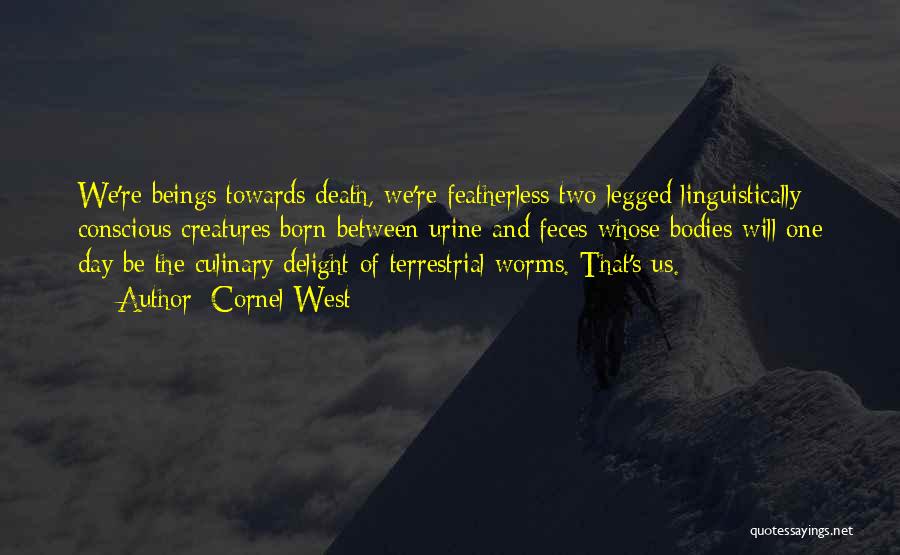 Cornel West Quotes: We're Beings Towards Death, We're Featherless Two-legged Linguistically Conscious Creatures Born Between Urine And Feces Whose Bodies Will One Day