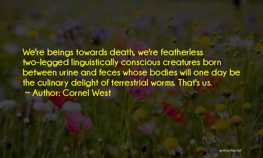 Cornel West Quotes: We're Beings Towards Death, We're Featherless Two-legged Linguistically Conscious Creatures Born Between Urine And Feces Whose Bodies Will One Day