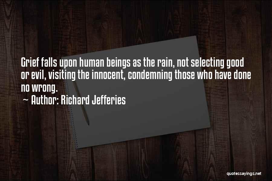 Richard Jefferies Quotes: Grief Falls Upon Human Beings As The Rain, Not Selecting Good Or Evil, Visiting The Innocent, Condemning Those Who Have