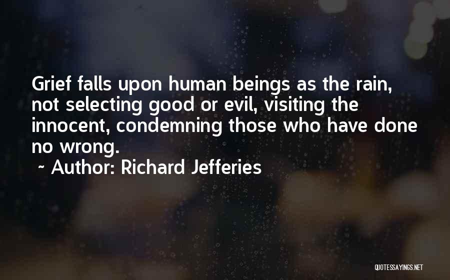 Richard Jefferies Quotes: Grief Falls Upon Human Beings As The Rain, Not Selecting Good Or Evil, Visiting The Innocent, Condemning Those Who Have