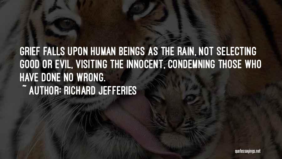 Richard Jefferies Quotes: Grief Falls Upon Human Beings As The Rain, Not Selecting Good Or Evil, Visiting The Innocent, Condemning Those Who Have