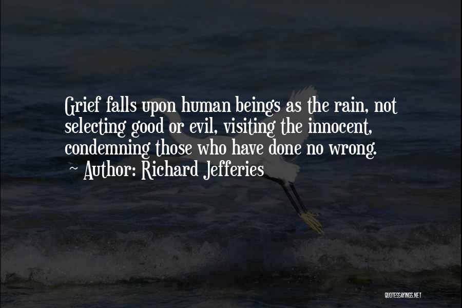 Richard Jefferies Quotes: Grief Falls Upon Human Beings As The Rain, Not Selecting Good Or Evil, Visiting The Innocent, Condemning Those Who Have