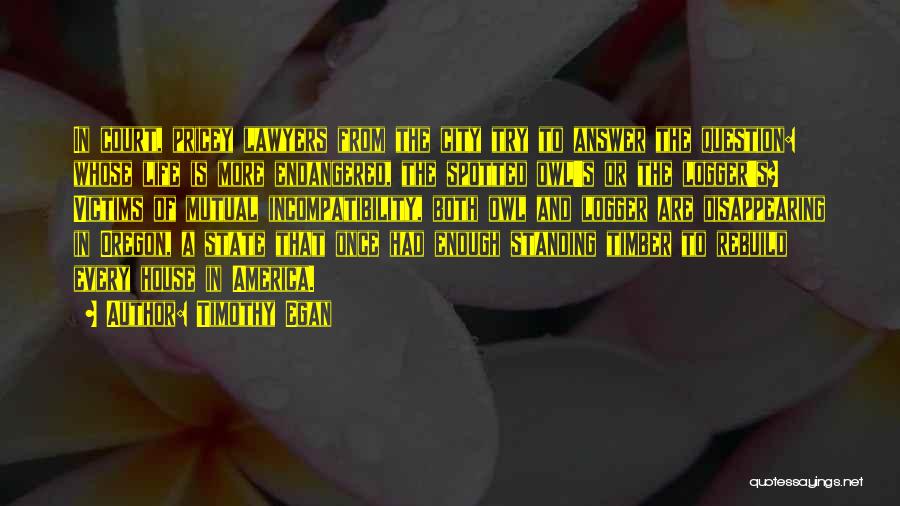 Timothy Egan Quotes: In Court, Pricey Lawyers From The City Try To Answer The Question: Whose Life Is More Endangered, The Spotted Owl's