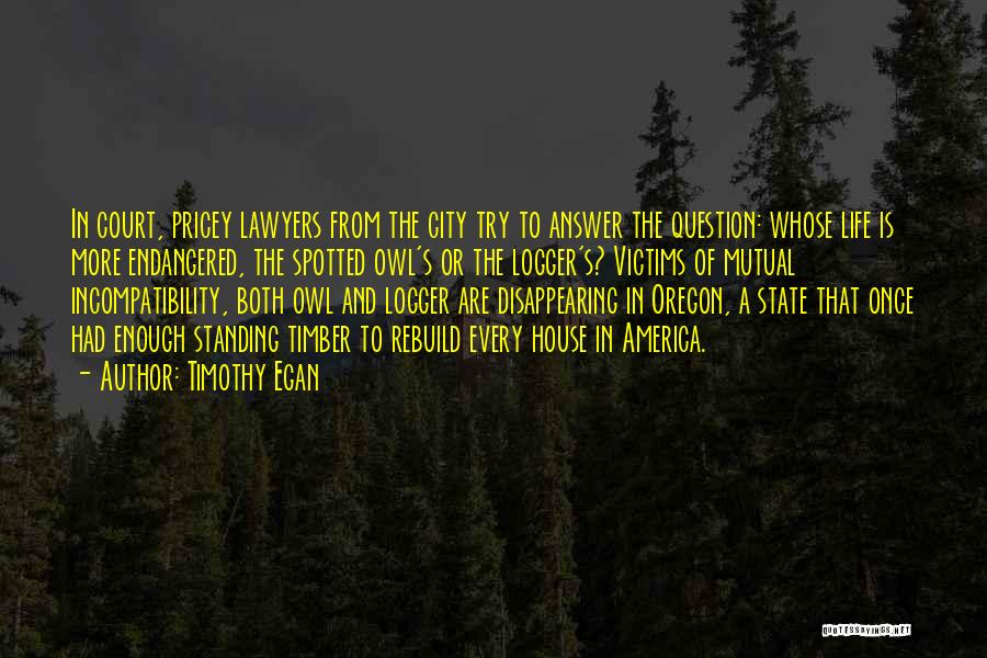 Timothy Egan Quotes: In Court, Pricey Lawyers From The City Try To Answer The Question: Whose Life Is More Endangered, The Spotted Owl's