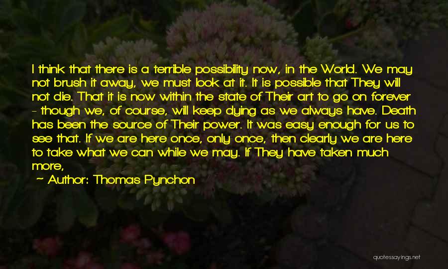 Thomas Pynchon Quotes: I Think That There Is A Terrible Possibility Now, In The World. We May Not Brush It Away, We Must