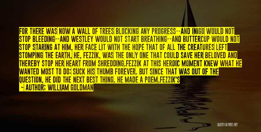 William Goldman Quotes: For There Was Now A Wall Of Trees Blocking Any Progress--and Inigo Would Not Stop Bleeding--and Westley Would Not Start