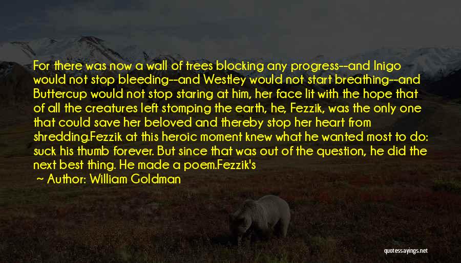 William Goldman Quotes: For There Was Now A Wall Of Trees Blocking Any Progress--and Inigo Would Not Stop Bleeding--and Westley Would Not Start