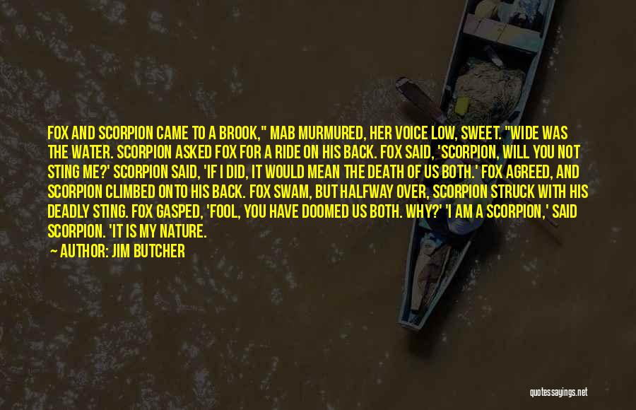 Jim Butcher Quotes: Fox And Scorpion Came To A Brook, Mab Murmured, Her Voice Low, Sweet. Wide Was The Water. Scorpion Asked Fox