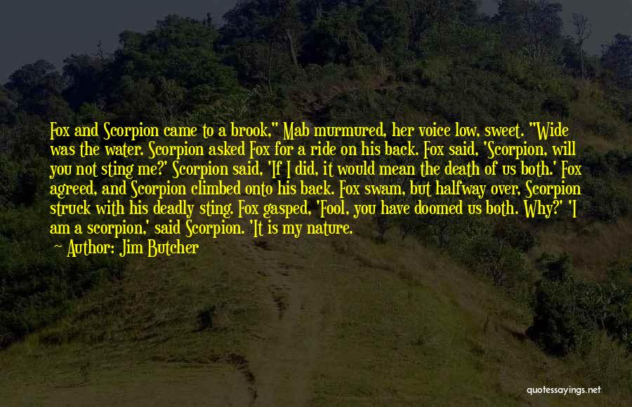 Jim Butcher Quotes: Fox And Scorpion Came To A Brook, Mab Murmured, Her Voice Low, Sweet. Wide Was The Water. Scorpion Asked Fox