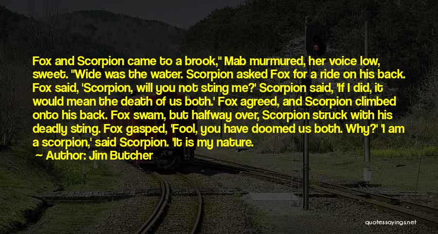 Jim Butcher Quotes: Fox And Scorpion Came To A Brook, Mab Murmured, Her Voice Low, Sweet. Wide Was The Water. Scorpion Asked Fox