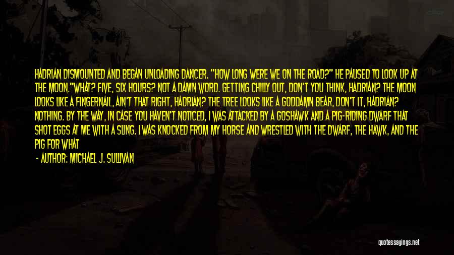 Michael J. Sullivan Quotes: Hadrian Dismounted And Began Unloading Dancer. How Long Were We On The Road? He Paused To Look Up At The