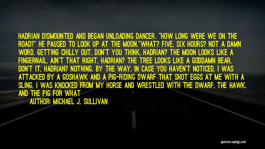 Michael J. Sullivan Quotes: Hadrian Dismounted And Began Unloading Dancer. How Long Were We On The Road? He Paused To Look Up At The