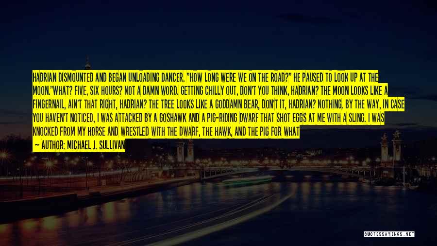 Michael J. Sullivan Quotes: Hadrian Dismounted And Began Unloading Dancer. How Long Were We On The Road? He Paused To Look Up At The