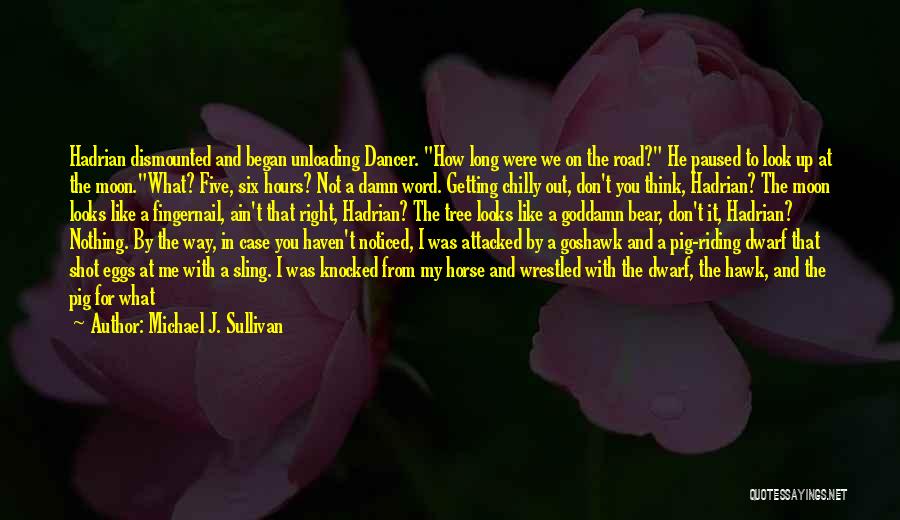 Michael J. Sullivan Quotes: Hadrian Dismounted And Began Unloading Dancer. How Long Were We On The Road? He Paused To Look Up At The