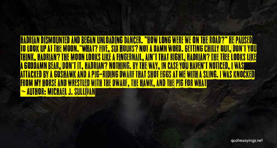 Michael J. Sullivan Quotes: Hadrian Dismounted And Began Unloading Dancer. How Long Were We On The Road? He Paused To Look Up At The