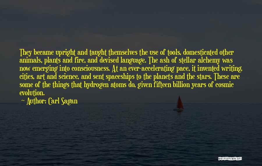 Carl Sagan Quotes: They Became Upright And Taught Themselves The Use Of Tools, Domesticated Other Animals, Plants And Fire, And Devised Language. The