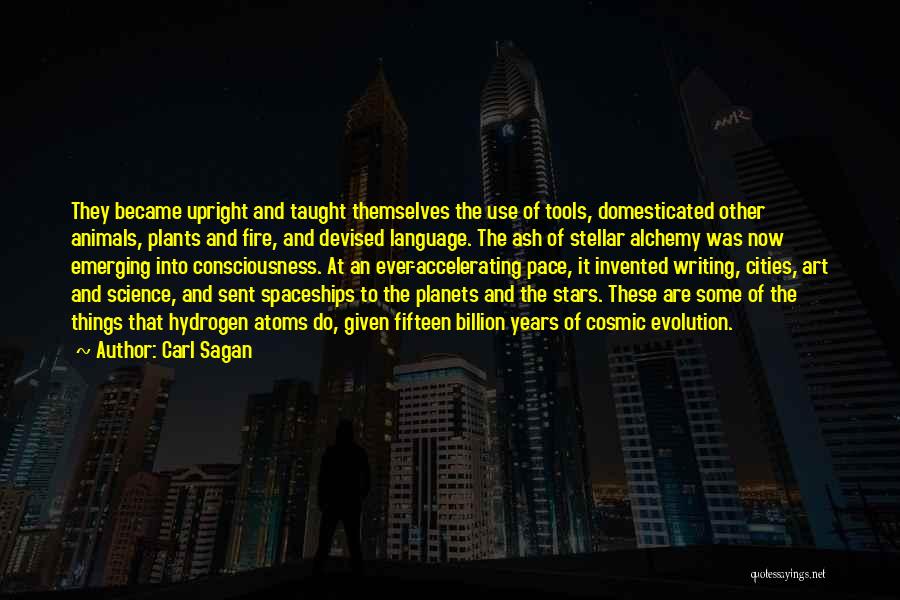 Carl Sagan Quotes: They Became Upright And Taught Themselves The Use Of Tools, Domesticated Other Animals, Plants And Fire, And Devised Language. The